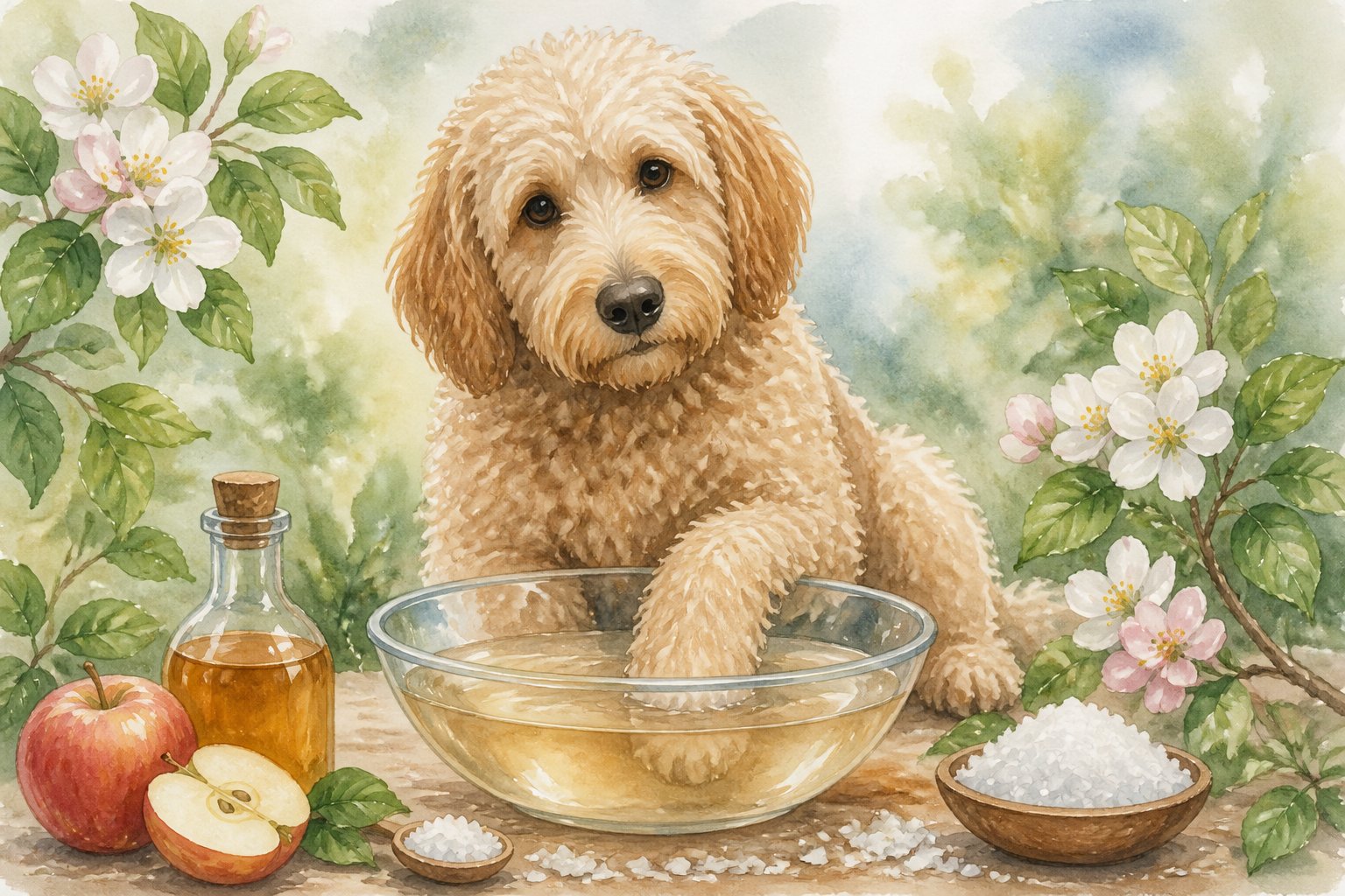 A Goldendoodle dog soaking one paw in a shallow bowl of clear liquid surrounded by Epsom salt crystals and a small bottle of apple cider vinegar with green leaves and apple blossoms nearby.