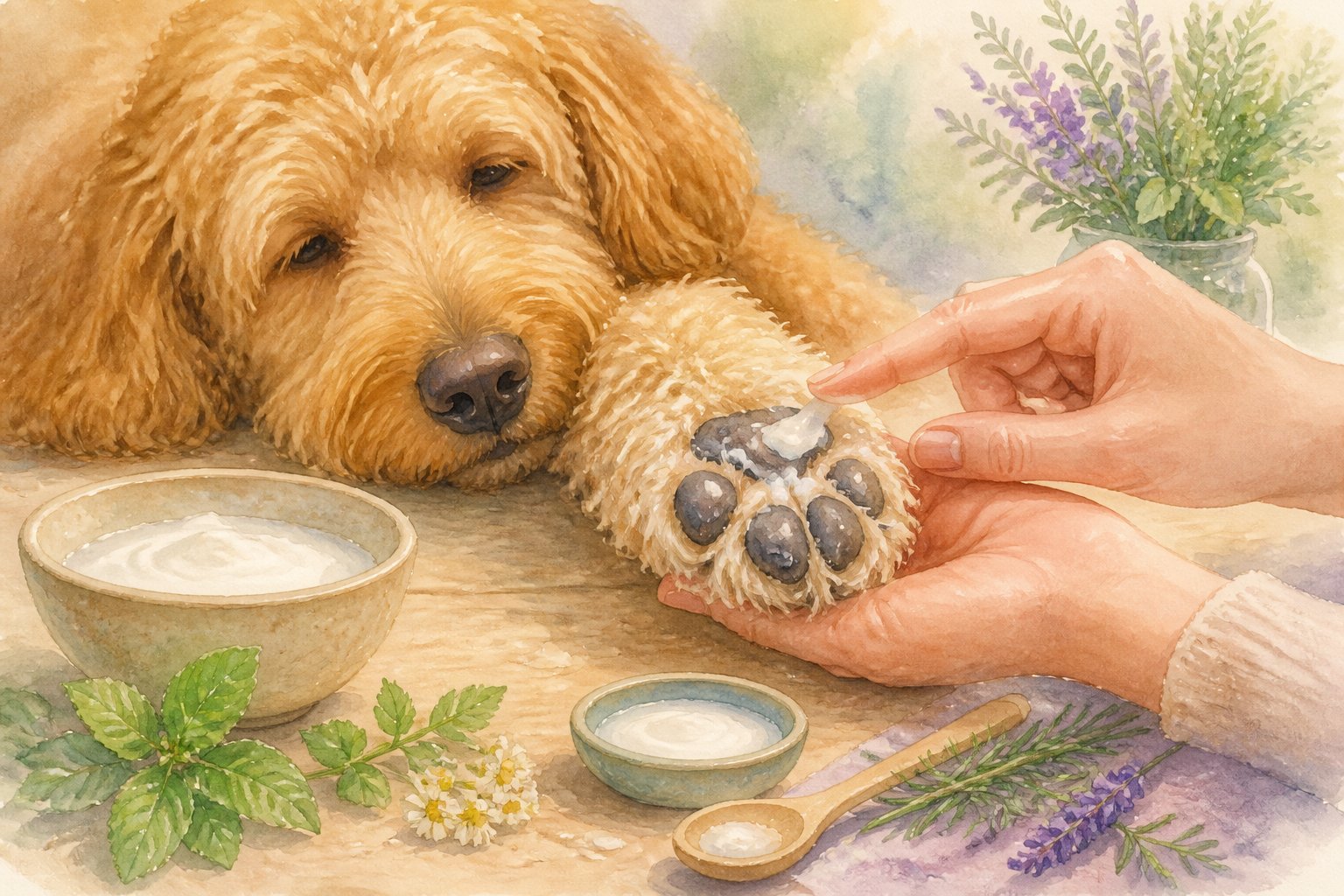 A Goldendoodle's paw being gently treated with a kefir mask, surrounded by bowls of kefir and fresh herbs on a wooden surface.