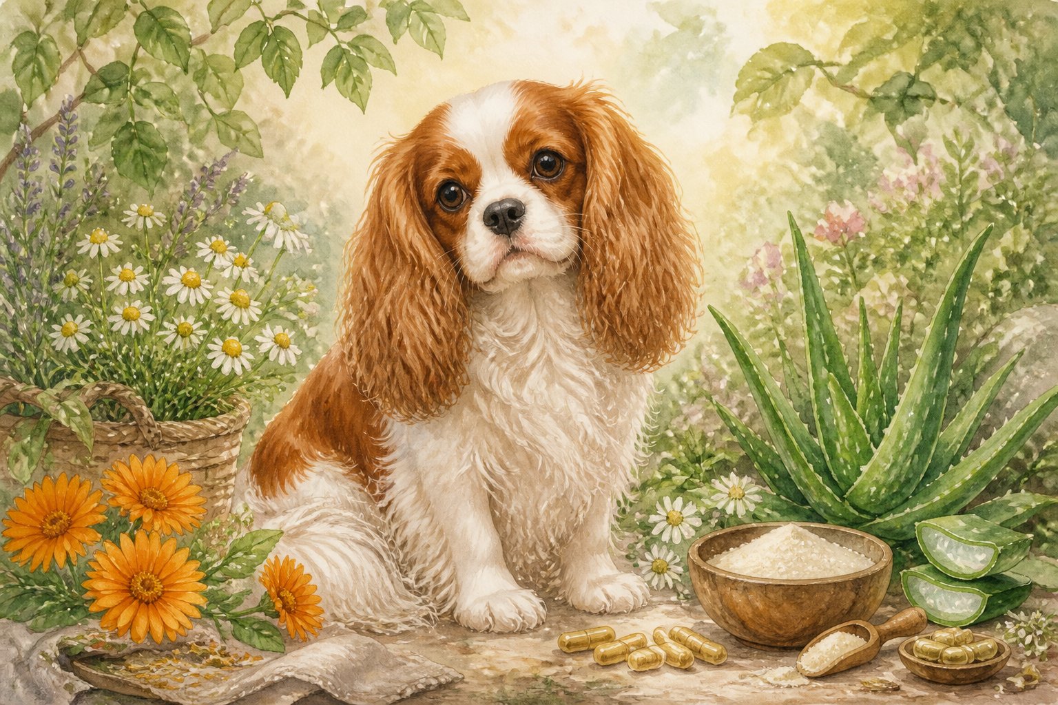 A calm Cavalier King Charles Spaniel sitting in a garden surrounded by herbs and natural elements associated with ear health and probiotics.