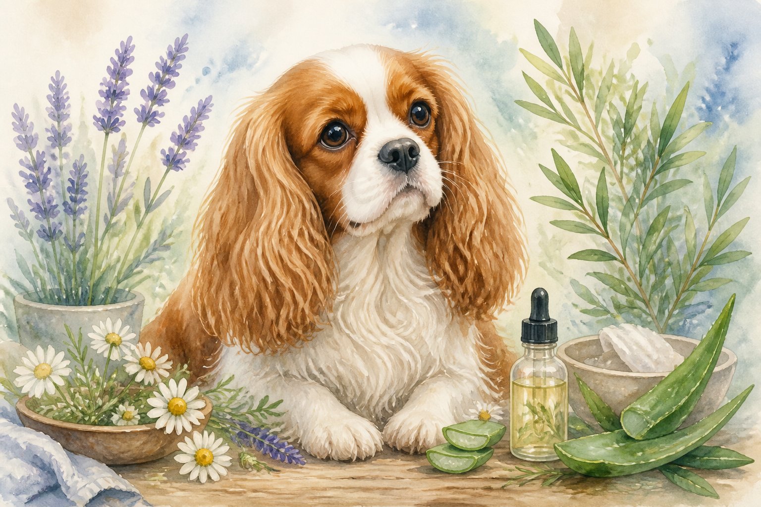 A calm Cavalier King Charles Spaniel surrounded by natural plants and a small bottle, symbolizing ear care.
