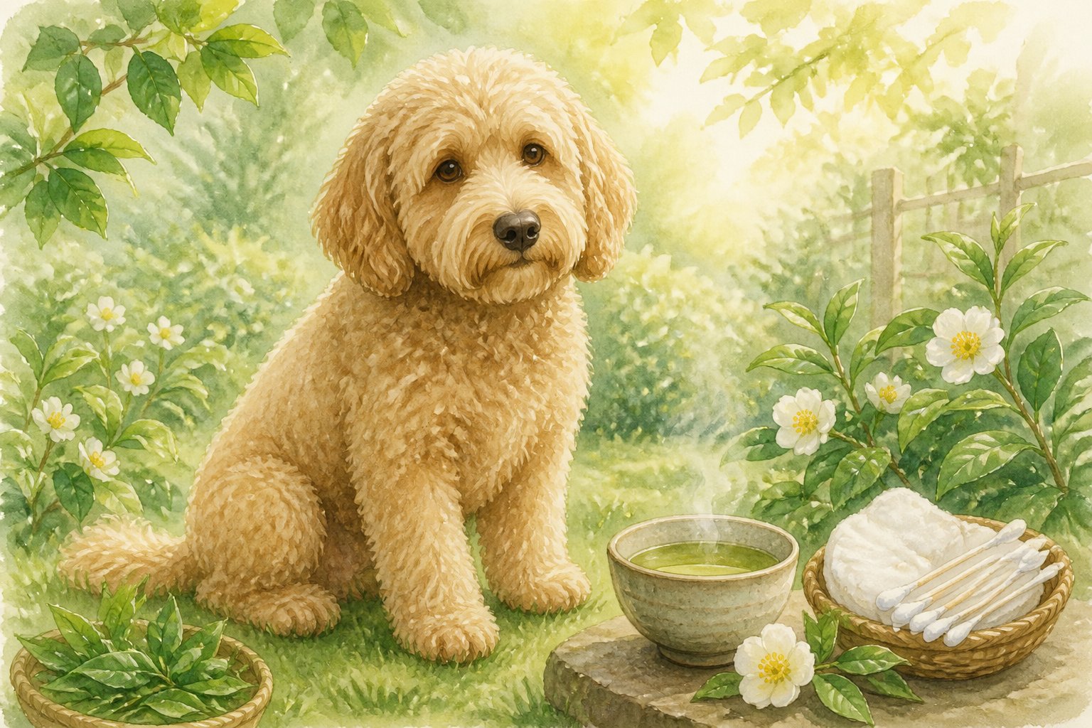 A Labradoodle dog sitting calmly on grass next to green tea leaves, a bowl of green tea, and cotton ear wipes in a peaceful garden setting.