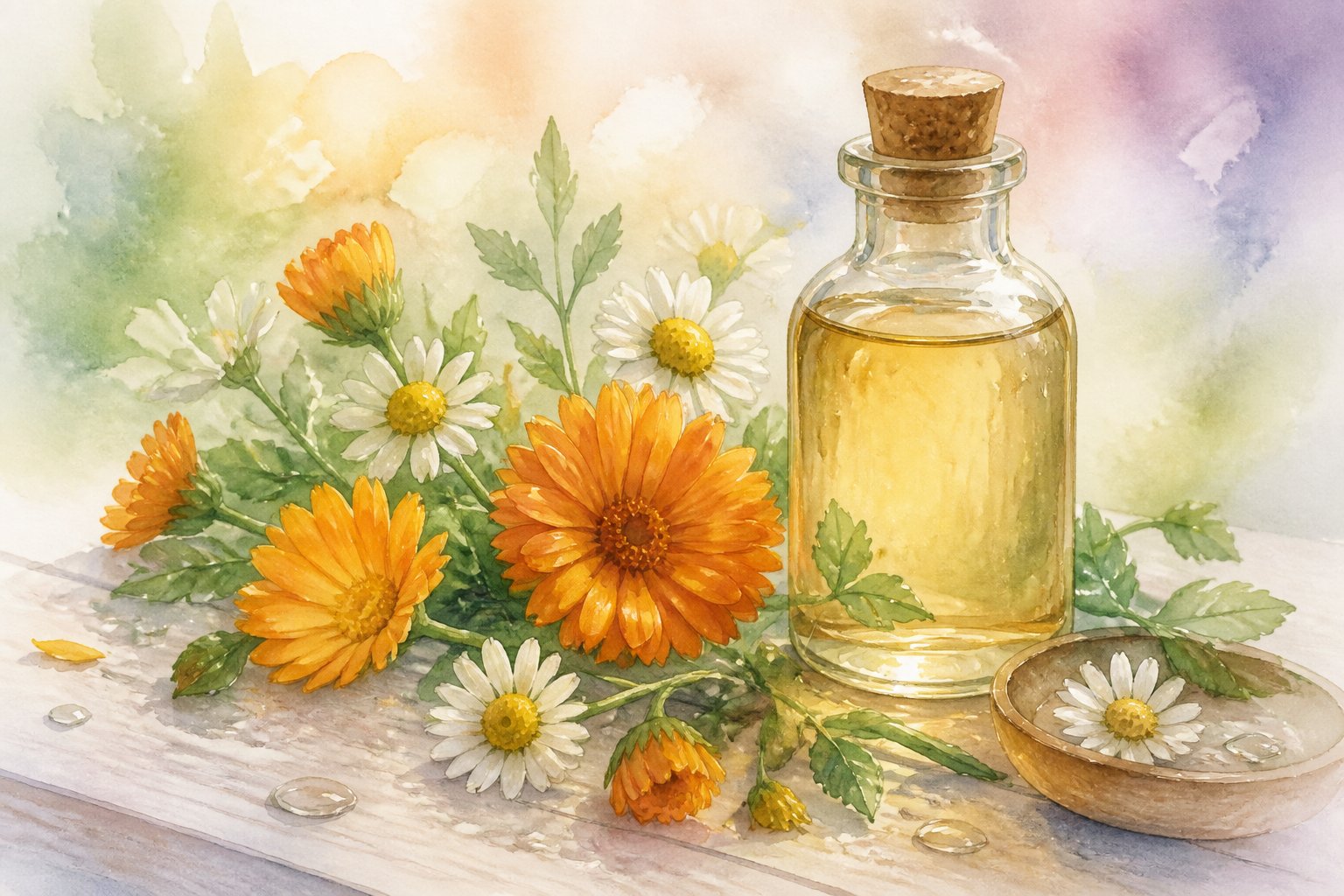 A gentle arrangement of calendula and chamomile flowers with a small glass bottle on a light wooden surface.