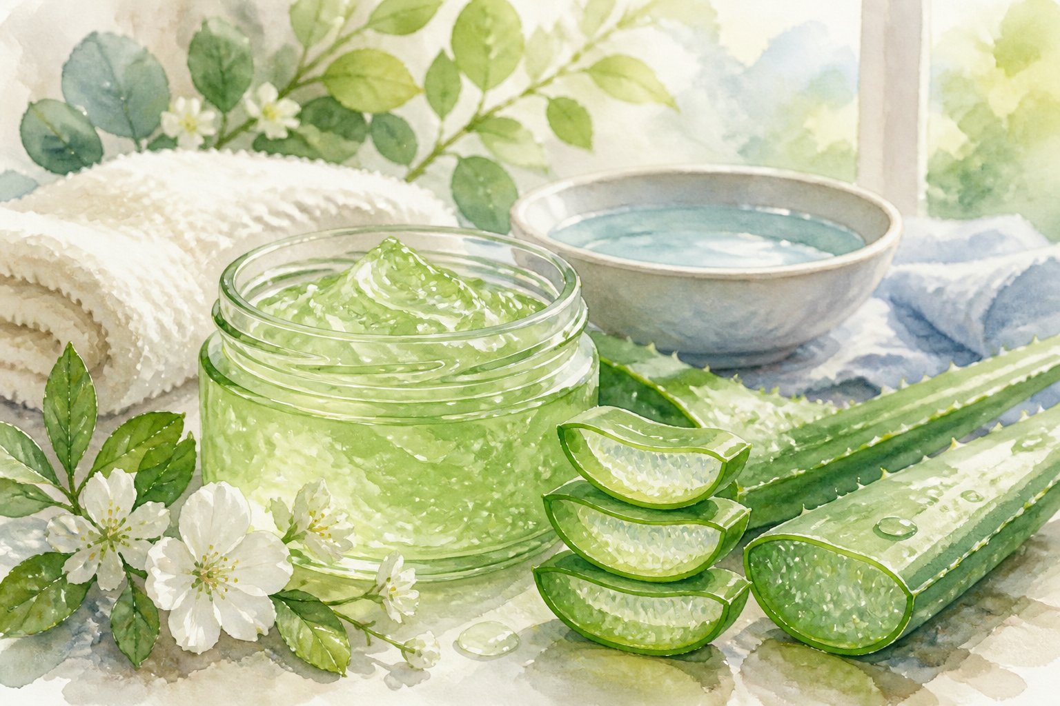 A glass jar of aloe vera gel next to a sliced aloe leaf surrounded by green leaves and white flowers, with a towel and bowl in the background.