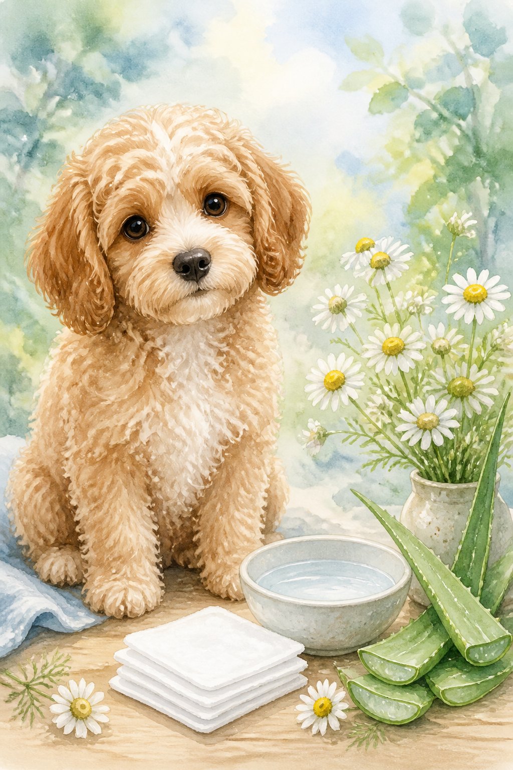 A small fluffy Cavapoo dog sitting calmly next to natural eye care items like flowers, aloe leaves, and saline solution on a wooden surface.