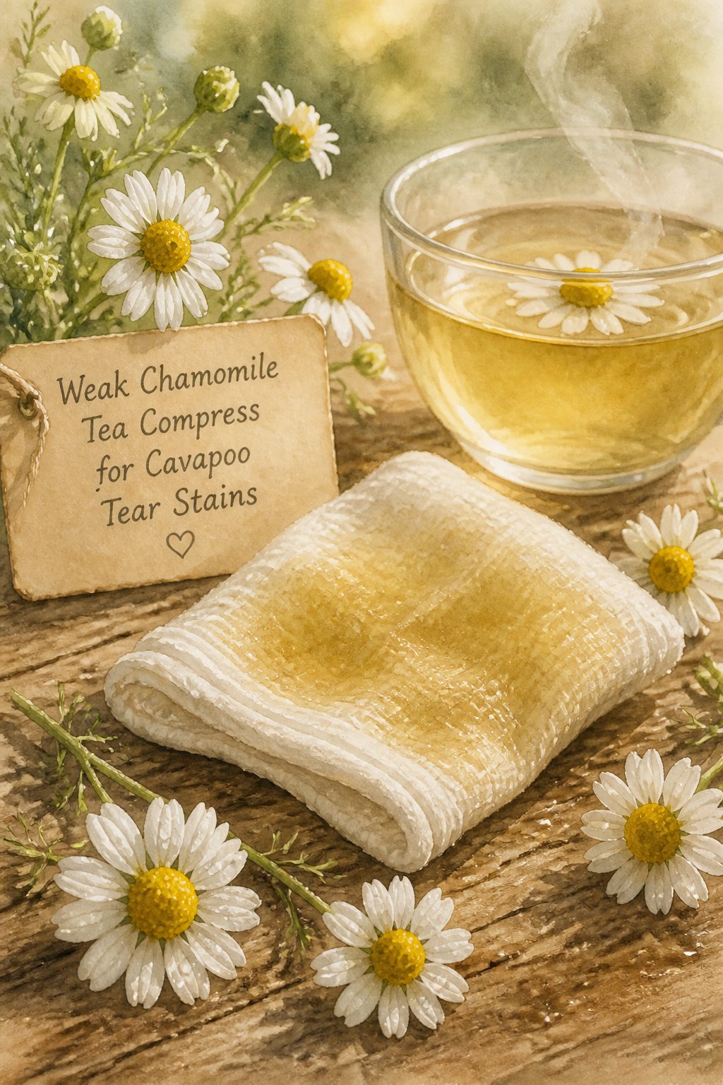 A cloth soaked in chamomile tea resting on a wooden surface next to chamomile flowers and a small glass cup of tea.