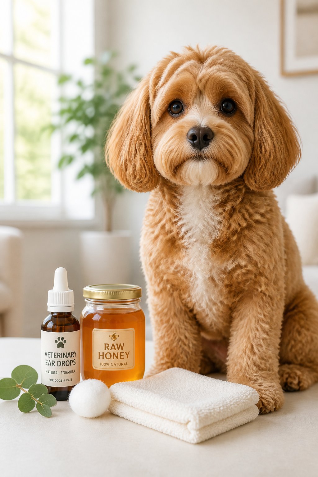A Cavapoo dog sitting calmly indoors next to natural home treatment items for ear care.