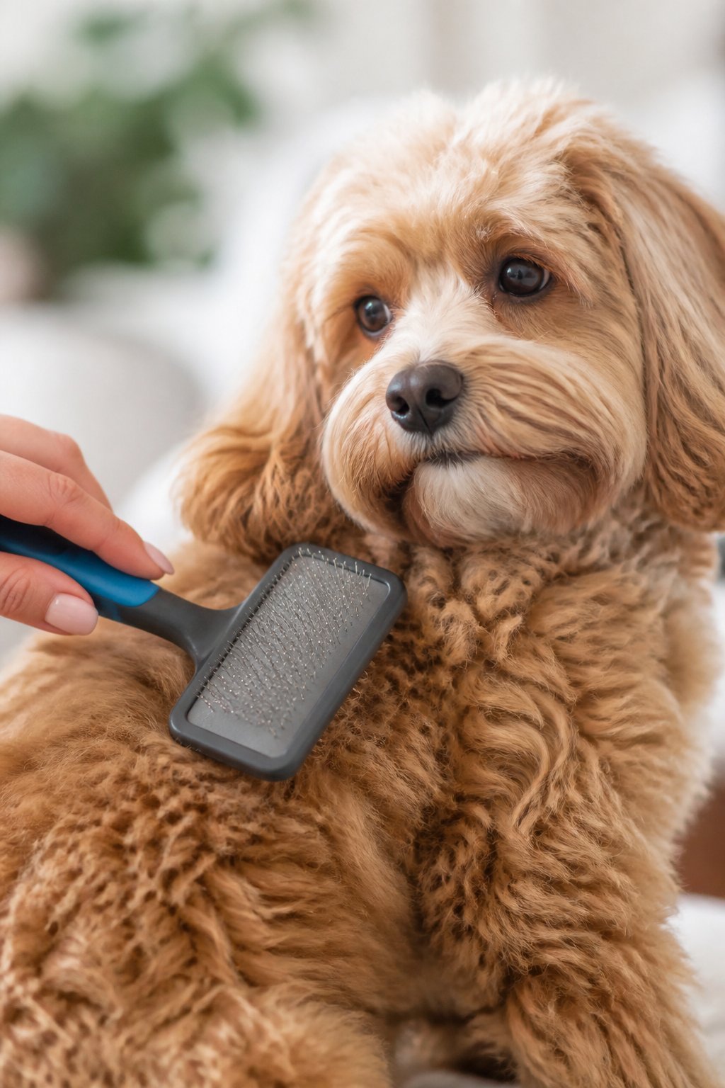 A close-up of a person brushing a Cavapoo dog's curly fur with a slicker brush indoors.