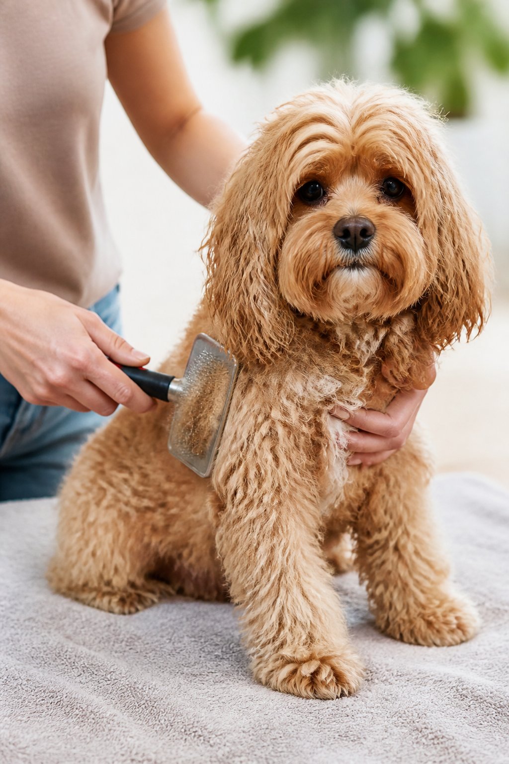 A person brushing a curly-haired Cavapoo dog on a grooming table covered with a towel.
