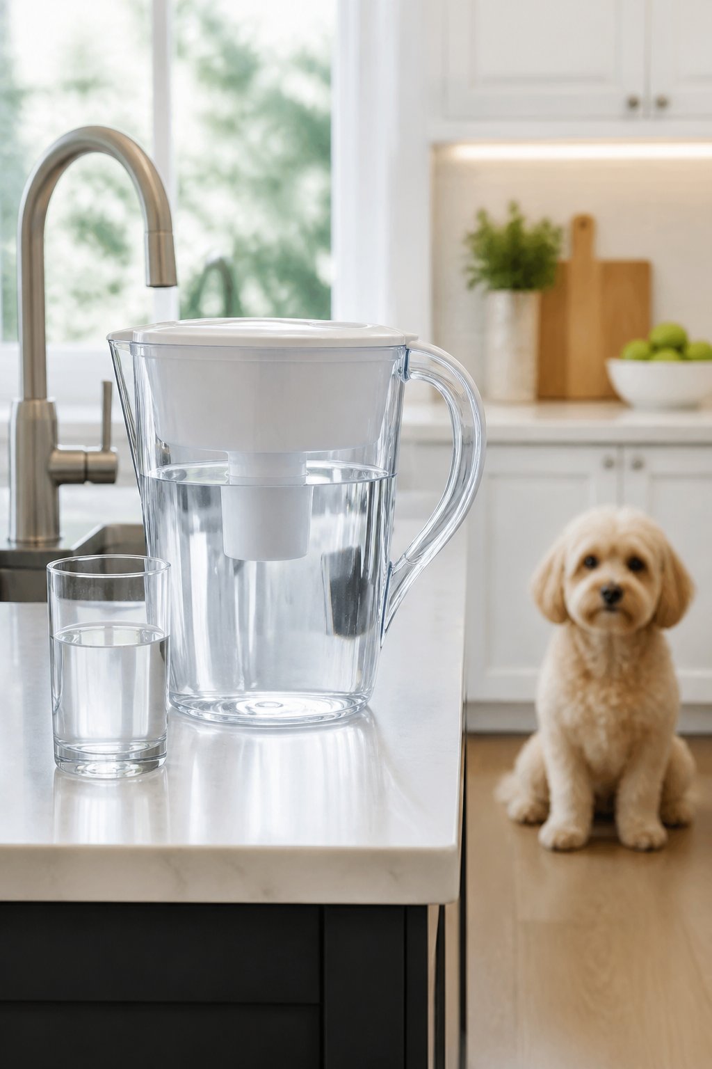 A Brita water pitcher filled with clear water on a kitchen counter with a small Maltipoo dog sitting on the floor nearby.