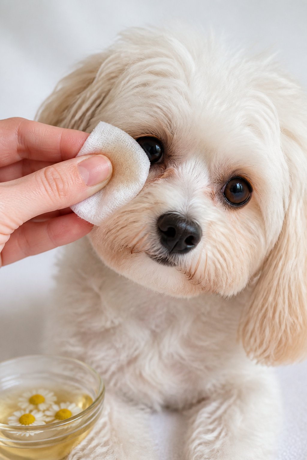 A hand gently cleaning a Maltipoo dog's eye area with gauze pads soaked in chamomile tea.