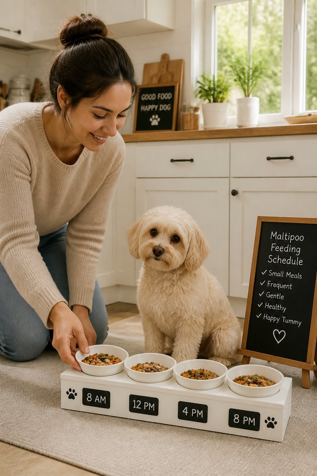 A Maltipoo dog sitting calmly by a feeding station with small bowls of food, while a person places a bowl down in a bright kitchen.