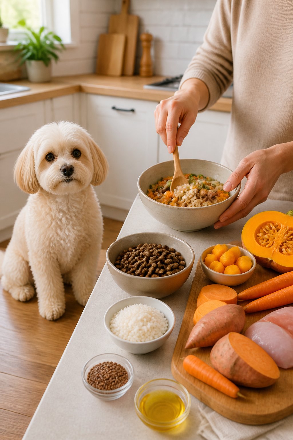 A small Maltipoo dog sitting on a kitchen floor next to fresh vegetables and a bowl of dog food while a person prepares a homemade meal.